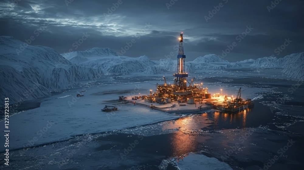 Obraz premium Oil rig operation in arctic waters industry photography nighttime environment aerial view energy production concept