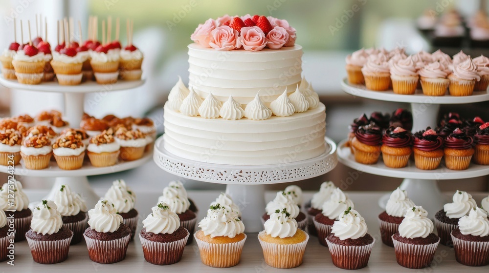 Elegant dessert table with assorted cupcakes and a beautiful wedding cake adorned with fresh flowers and berries Elegant dessert table with assorted cupcakes and a beautiful wedding cake adorned with fresh flowers and berries