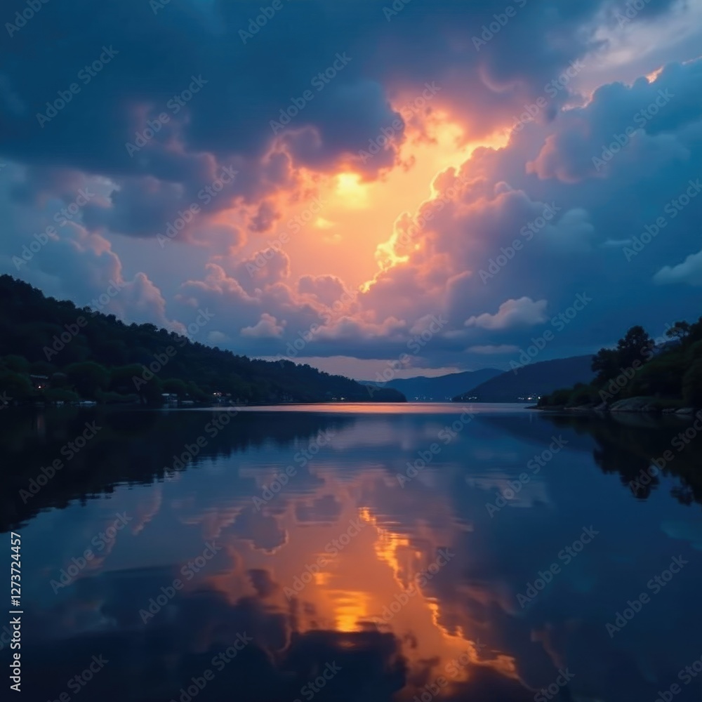 Clouds gather above a tranquil lake on a stormy night, atmosphere, serene, sky Clouds gather above a tranquil lake on a stormy night, atmosphere, serene, sky