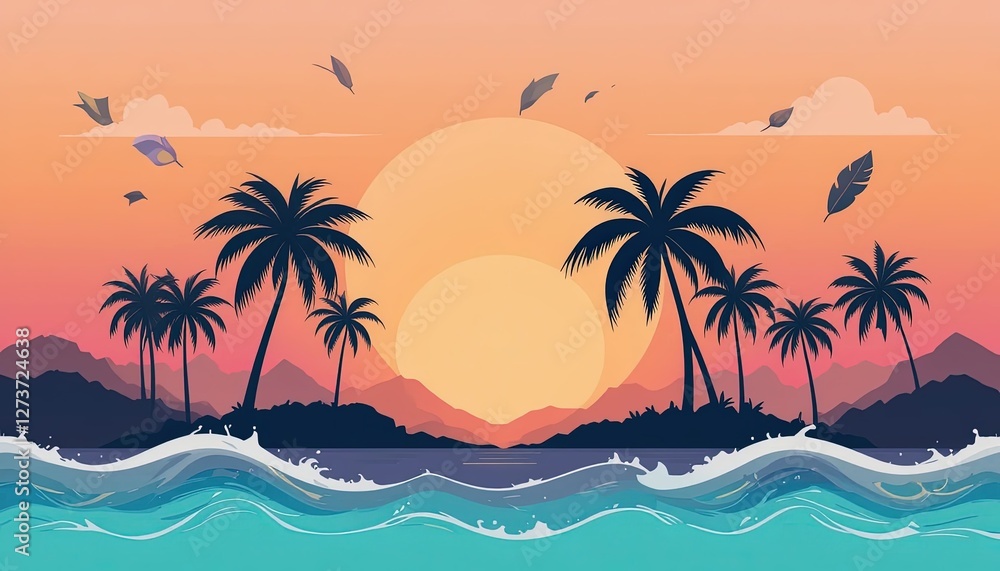 Fototapeta premium Tropical beach sunset scene with palm trees