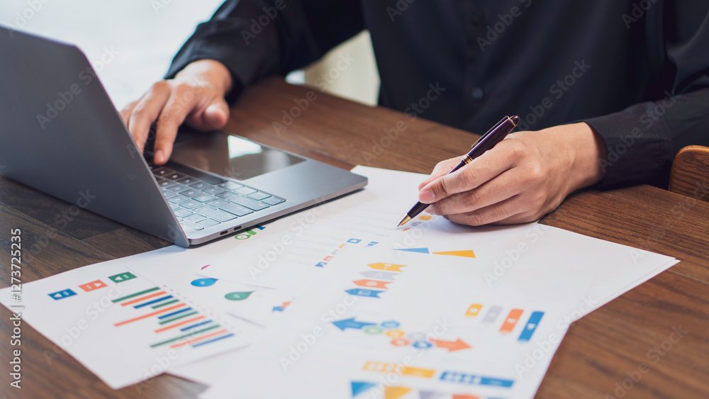 business collaboration, financial analysis, and teamwork, professionals reviewing financial reports and discussing data. The workspace, charts, and strategic documents, a corporate and analytical