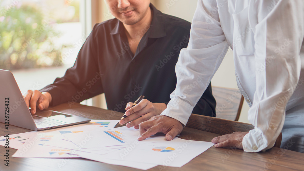 business collaboration, financial analysis, and teamwork, professionals reviewing financial reports and discussing data. The workspace, charts, and strategic documents, a corporate and analytical