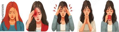 Print  Tired woman have headache, migraine, dizziness and other chronic fatigue syndrome symptoms. Vector illustration.Collection of various early warning signs of disease.