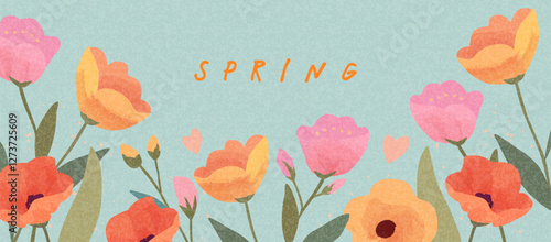 Spring card, banner or horizontal poster for spring holidays with cute flowers pattern. Hand drawn Floral art template for Easter,, birthday or Mothers Day decor and greetings