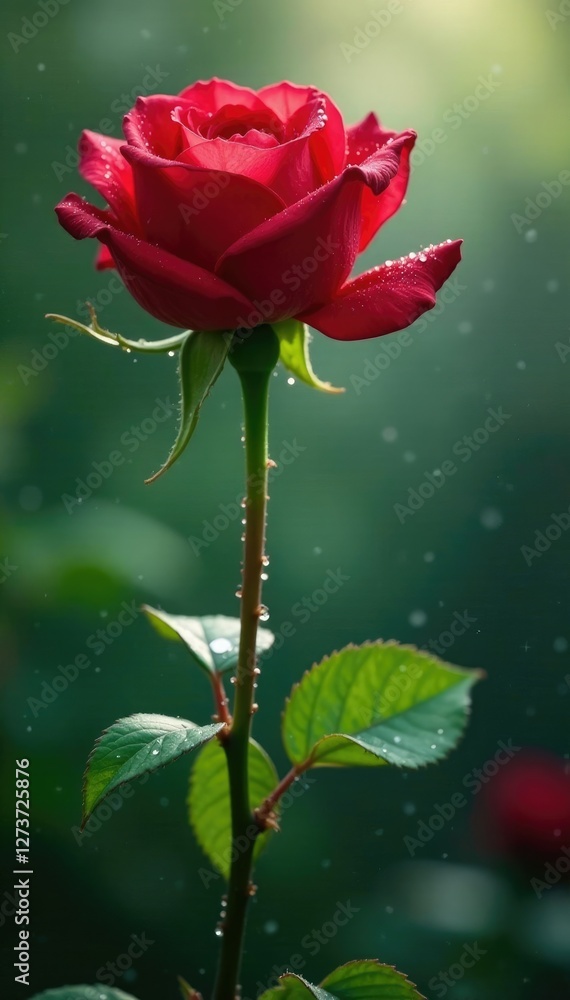Obraz premium Delicate red rose stems sway in morning mist and raindrop sparkle, foliage, water droplets, blooming
