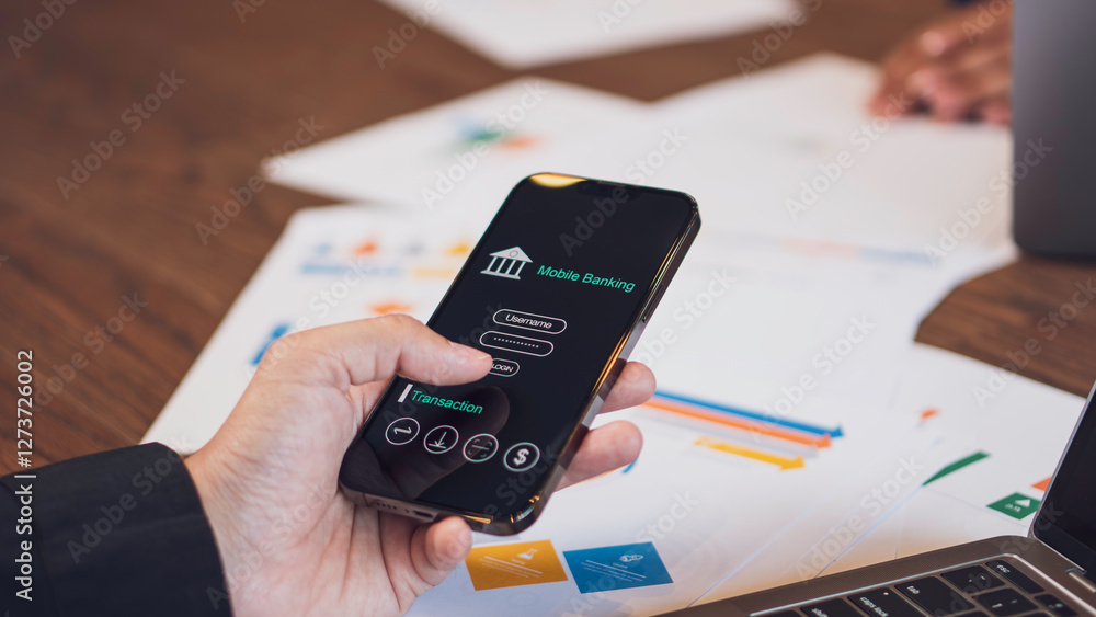 online banking, digital transactions, and financial technology, showing a person using a mobile banking app on a smartphone financial. fintech, digital payments, money management, and finance.