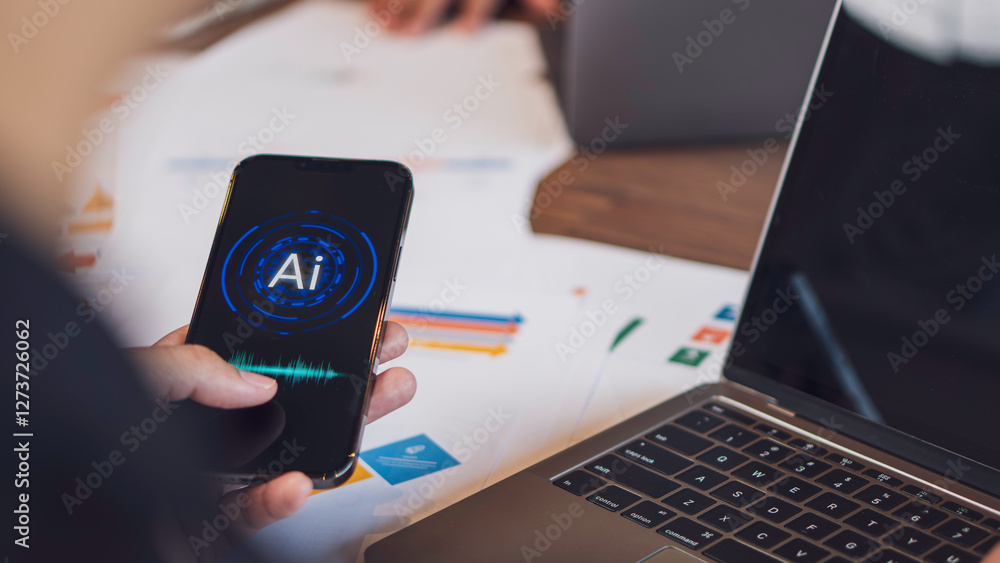 hand holding smart phone voice command with digital Artificial intelligence AI, technology smart robot AI, artificial intelligence for idea and generates.