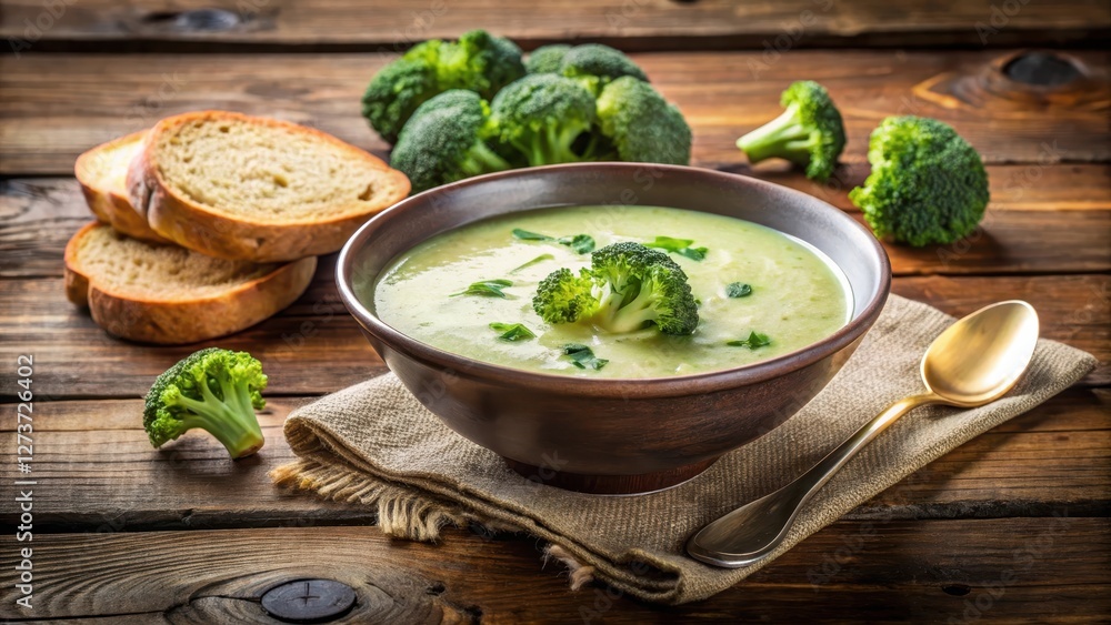 Warm and comforting bowl of creamy broccoli soup on a rustic wooden table with a spoon and some crusty bread nearby Warm and comforting bowl of creamy broccoli soup on a rustic wooden table with a spoon and some crusty bread nearby