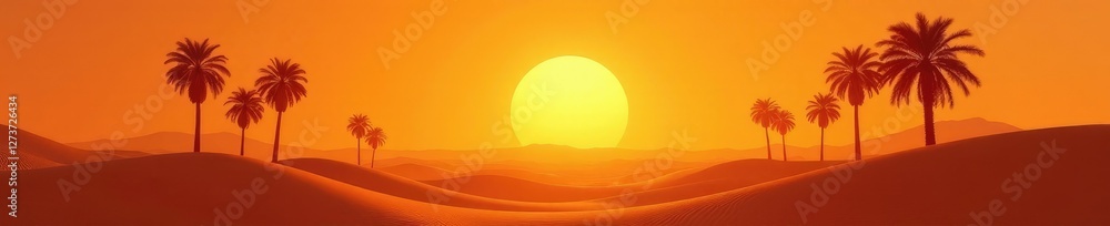 Obraz premium Desert landscape with palm trees against a bright orange sky, golden_hour, warm_light, desert_landscapes