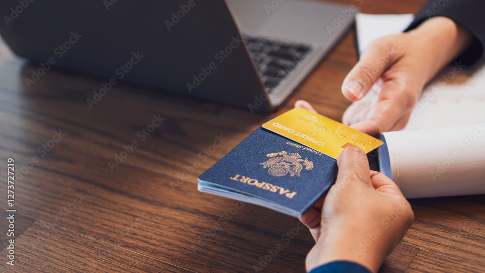 the concept of travel, finance, and identity verification, a close-up of hands exchanging a passport and a credit card, and documents international transactions, border security, and business travel.