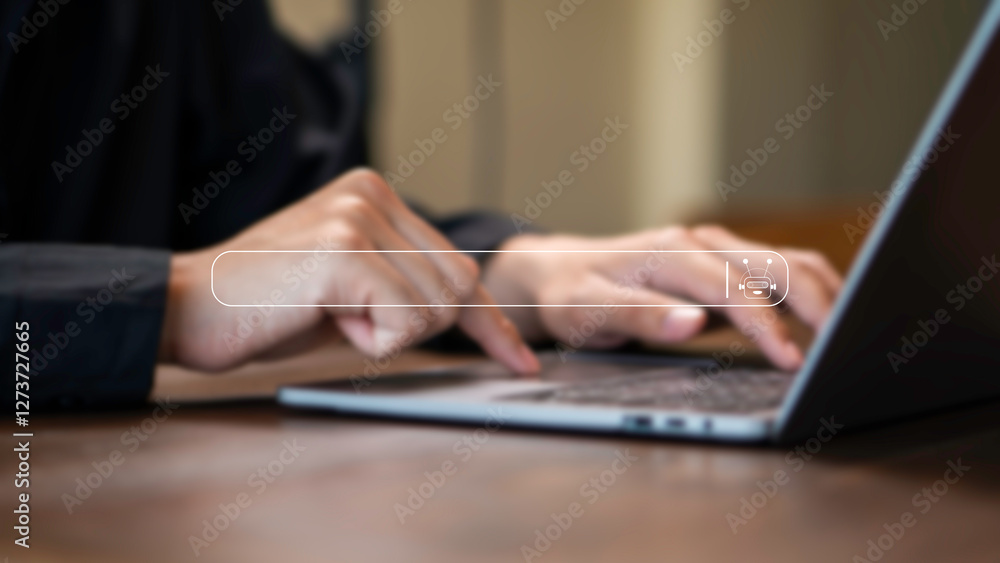 a person typing on a laptop with a futuristic AI-powered search bar concept the efficiency, speed, and intelligence of AI-driven information retrieval. smart search engines, and online research.