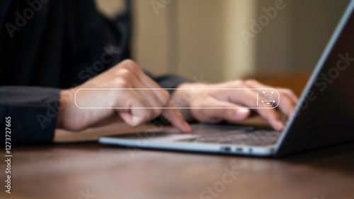 Obraz na płótnie a person typing on a laptop with a futuristic AI-powered search bar concept the efficiency, speed, and intelligence of AI-driven information retrieval. smart search engines, and online research. w salonie