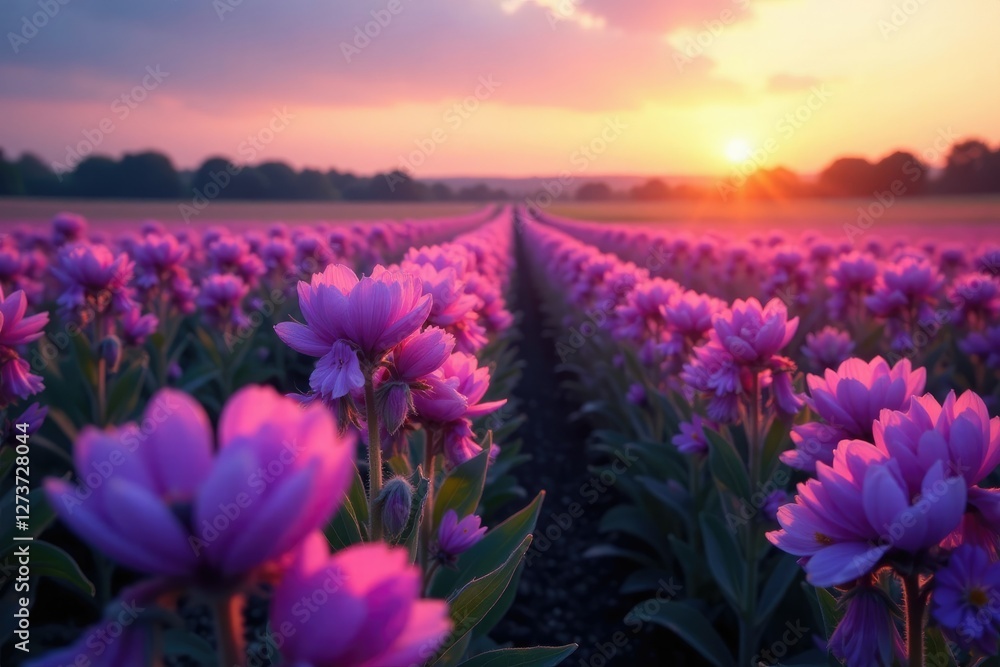 Obraz premium Purple flower field stretching towards the horizon at dawn, flowers, natural, purple