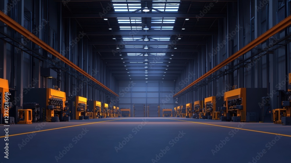 Obraz premium Modern Industrial Warehouse Interior with Machinery and Spacious Aisles Under Bright Lights
