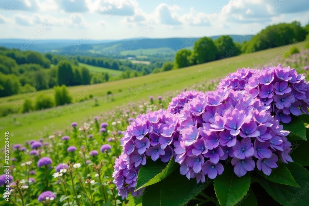 Purple hydrangea flowers in profusion on a rolling hillside with wildflowers, purple flowers, spring blooms, garden farm