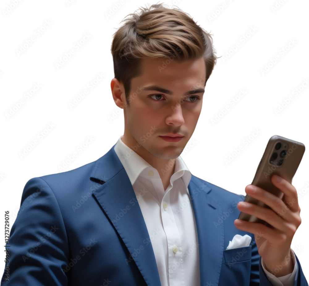 Young Businessman in Blue Suit Uses Smartphone Serious Expression Closeup Portrait Young Businessman in Blue Suit Uses Smartphone Serious Expression Closeup Portrait