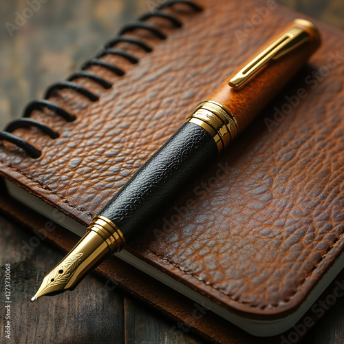 A high-quality mockup of a pen with a blank design, placed on top of a leather notebook photo