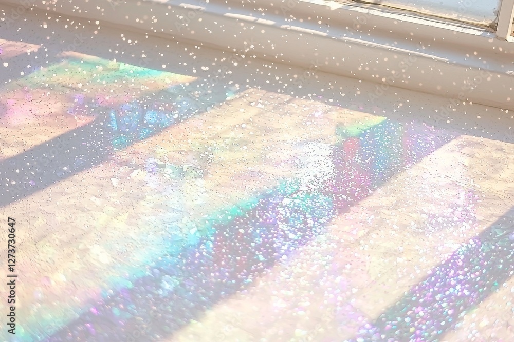 Fototapeta premium The overlay effect for photos and mockups incorporates a water texture, along with an organic drop's diagonal shadow and caustic effect, showcasing rainbow refraction of light on a white wall