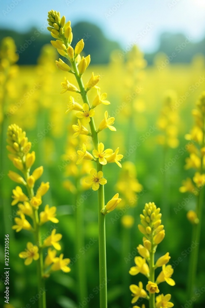 Obraz premium Yellow flowers blooming on tall plant stems in summer field, stems, plant, flowers