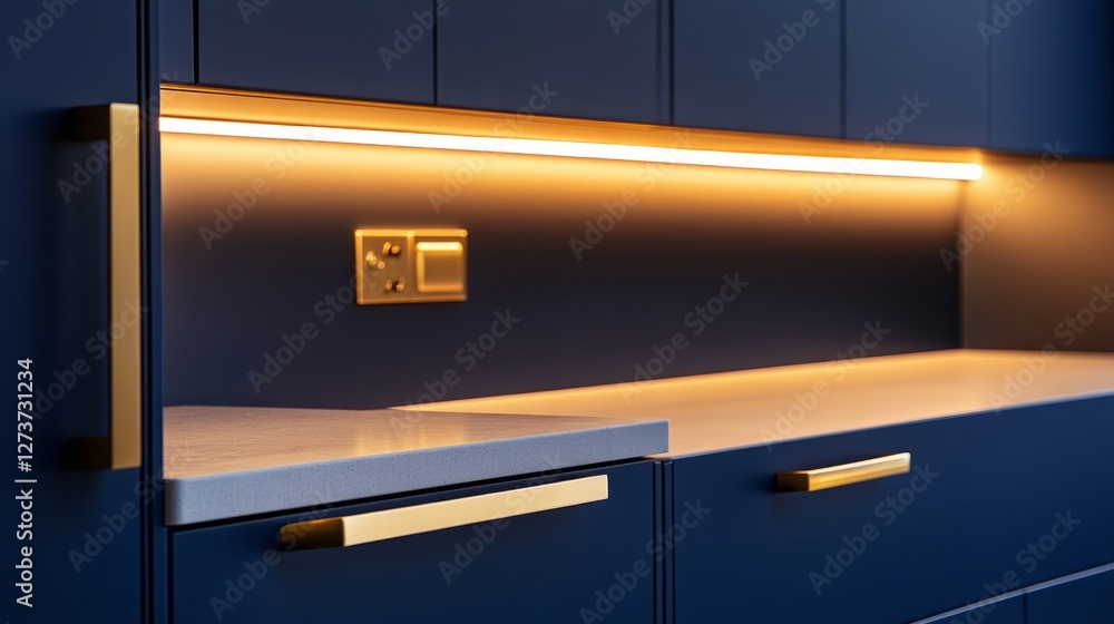 Contemporary navy kitchen featuring glowing under-cabinet lighting, quartz tops, and brass hardware for contrast Contemporary navy kitchen featuring glowing under-cabinet lighting, quartz tops, and brass hardware for contrast
