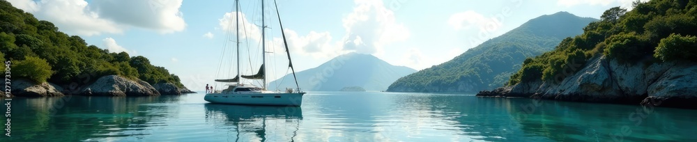 Sailing yacht anchored in secluded cove serene atmosphere, serenity, secluded Sailing yacht anchored in secluded cove serene atmosphere, serenity, secluded