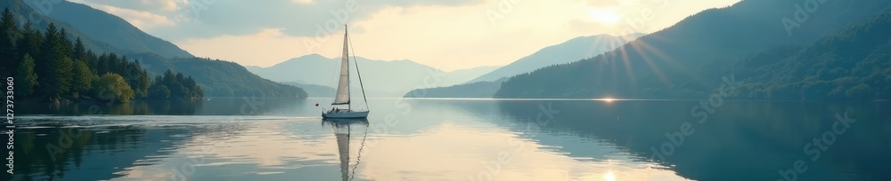 Fototapeta premium Sailboat gliding effortlessly across the still lake, mirrored waters, lake, boats