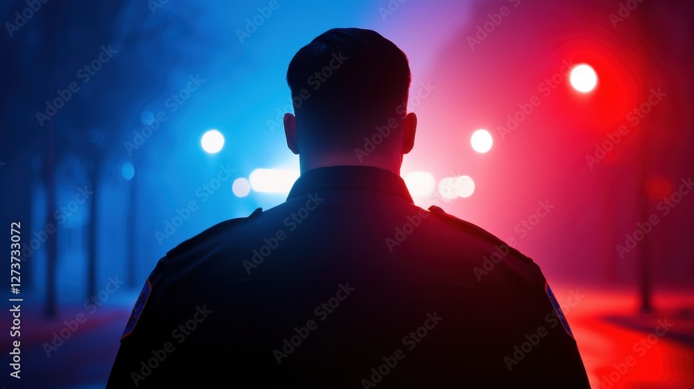 Police Officer Silhouette Against Dark Night with Red and Blue Emergency Lights in Background Police Officer Silhouette Against Dark Night with Red and Blue Emergency Lights in Background