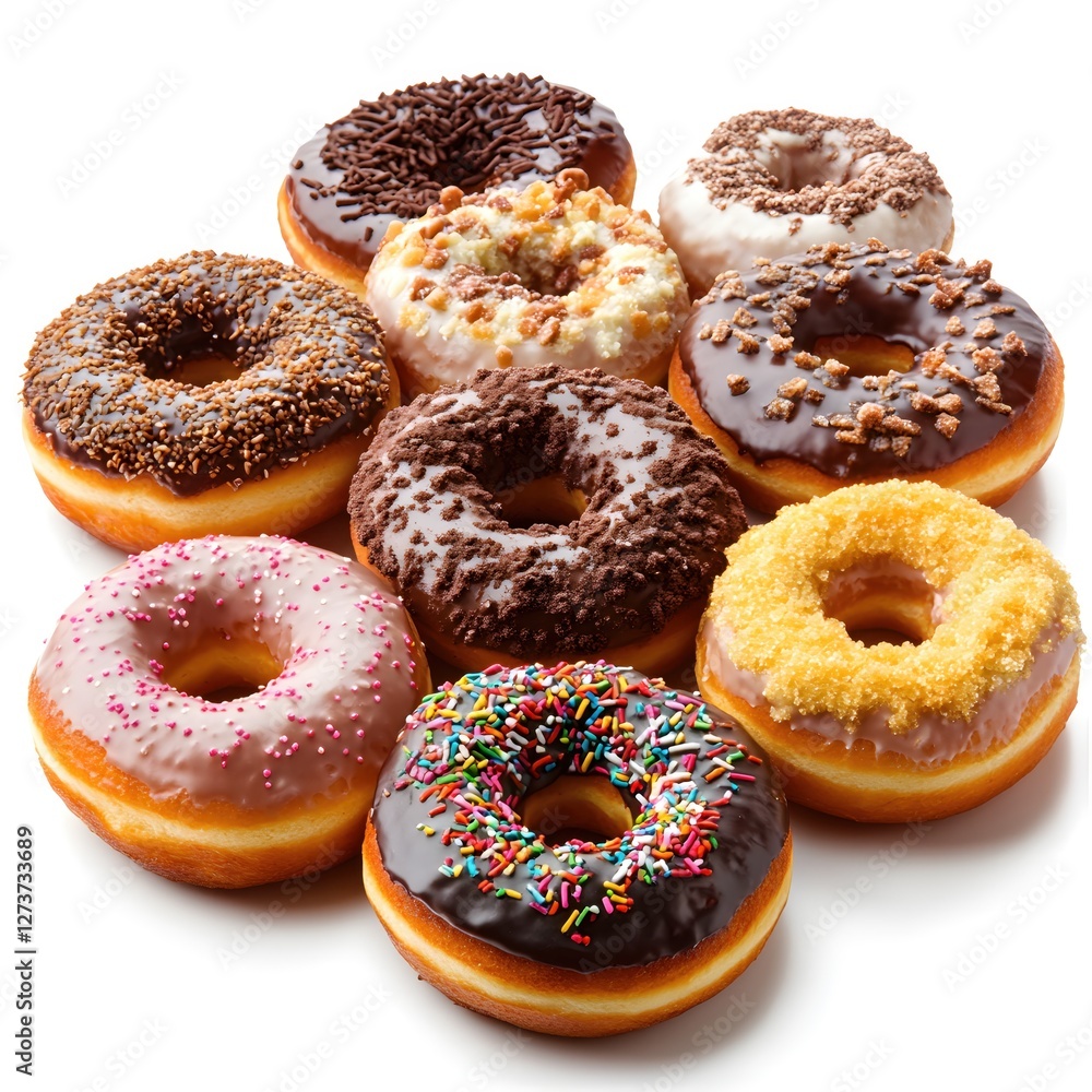 Delicious Variety of Fresh Donuts with Colorful Toppings on a Clean White Background Delicious Variety of Fresh Donuts with Colorful Toppings on a Clean White Background