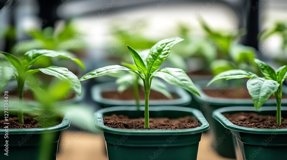 Array of Fresh Green Seedlings Emerging from Rich Soil in Small Pots in Greenhouse : Generative AI