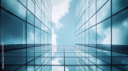 Modern Glass Skyscraper Reflection with Bright Sky and Clouds Above : Generative AI