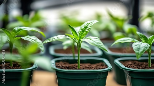 Obraz na płótnie Array of Fresh Green Seedlings Emerging from Rich Soil in Small Pots in Greenhouse : Generative AI w salonie