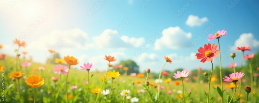 Obraz premium Soft focus of wildflowers against a serene summer sky, sunlight, meadow, fields