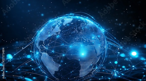 Artistic representation of a digital globe with bright blue connections illustrating data streams : Generative AI