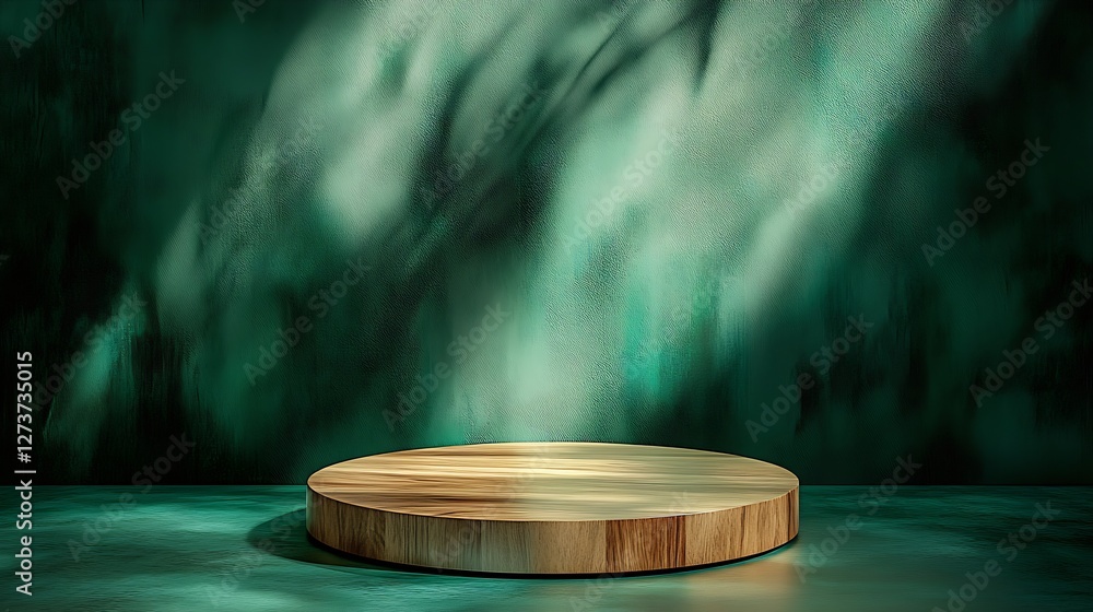 Wooden Round Display Platform with Subtle Shadows and Soft Light for Product Presentation : Generative AI