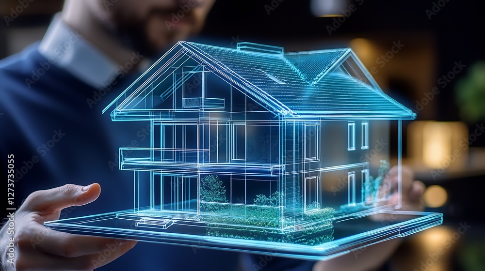 Modern Digital Architectural Design Concept of a House in Holographic Display : Generative AI
