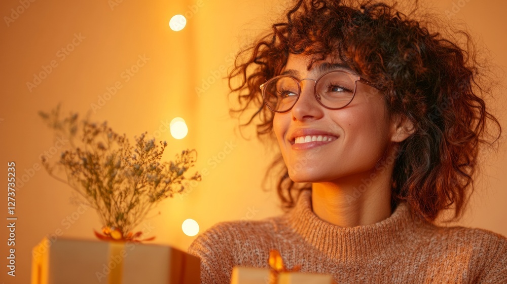 Fototapeta premium Cozy Romantic Gift Exchange Indian Woman in Warm Neutrals with Wildflowers and Soft Lighting - Modern Living Room Decor and Lifestyle Content for Emotional Engagement Marketing