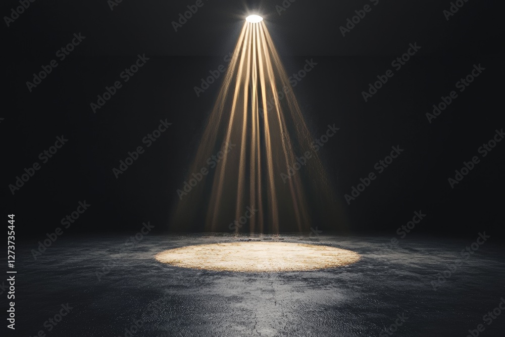 The studio is characterized by its empty space, dark atmosphere, and a concrete floor with spot lighting and smoke on a black background The studio is characterized by its empty space, dark atmosphere, and a concrete floor with spot lighting and smoke on a black background