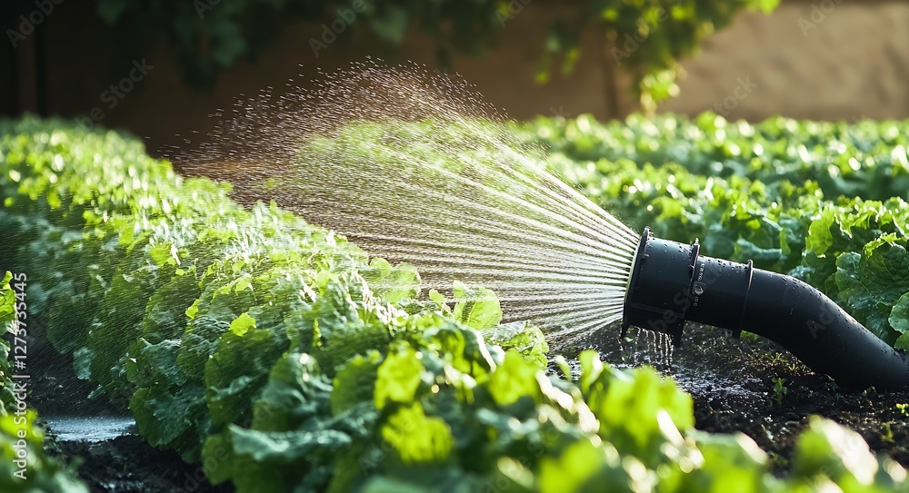 Sprinkler System in Action Over Lush Rows of Leafy Lettuce Cultivated with Care and Precision : Generative AI