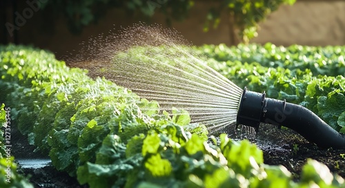 Obraz na płótnie Sprinkler System in Action Over Lush Rows of Leafy Lettuce Cultivated with Care and Precision : Generative AI w salonie