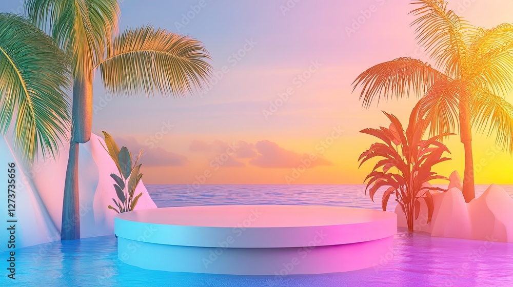 Obraz premium Tropical Sunset Seascape With Circular Display Platform