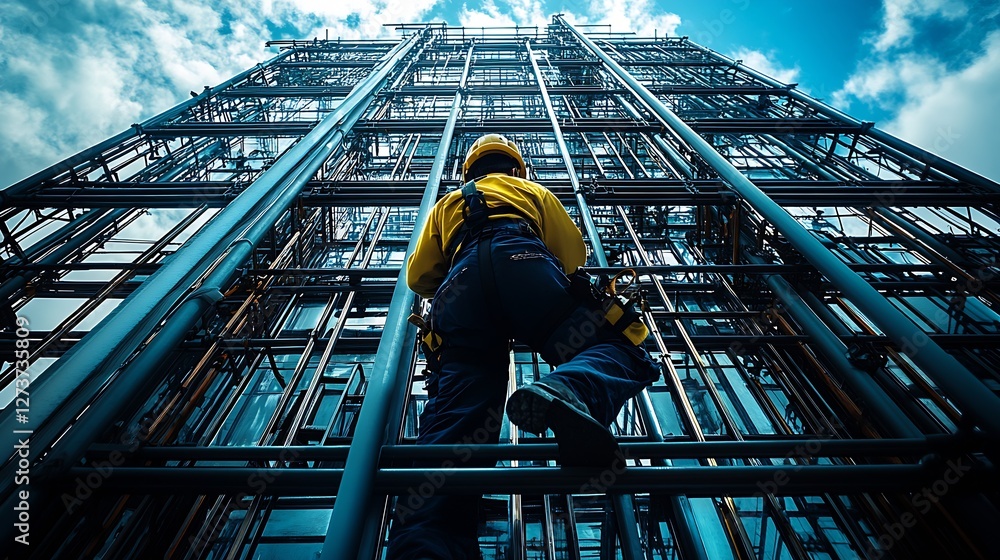Daring construction worker climbing tall scaffolding with a captivating view of surrounding clouds and skies : Generative AI