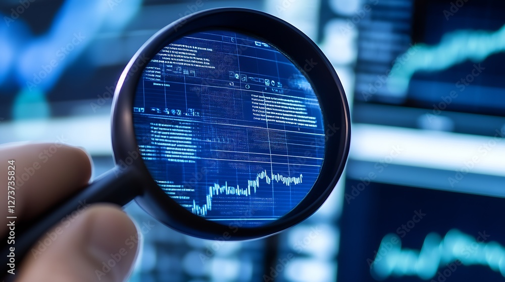 Close-Up of Financial Charts and Data Through a Magnifying Eye Lens : Generative AI