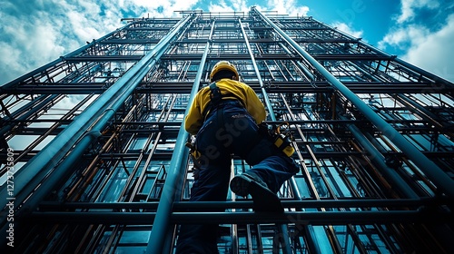 Obraz na płótnie Daring construction worker climbing tall scaffolding with a captivating view of surrounding clouds and skies : Generative AI w salonie