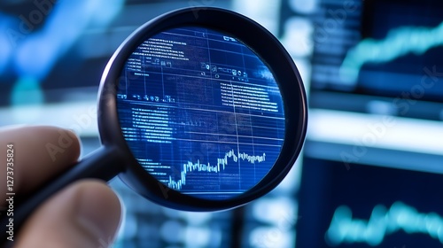 Close-Up of Financial Charts and Data Through a Magnifying Eye Lens : Generative AI