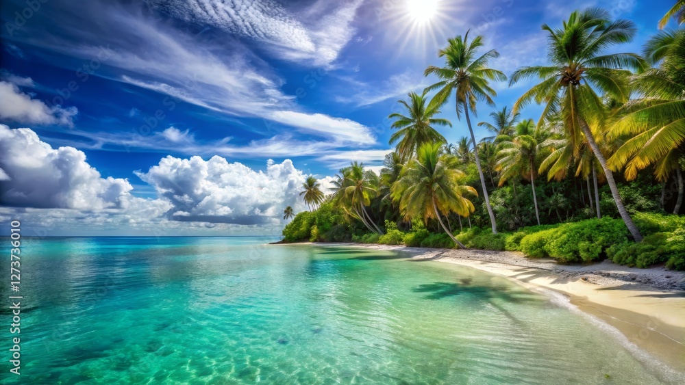 Fototapeta premium Tropical Paradise with Palm Trees and Crystal Clear Water Scene