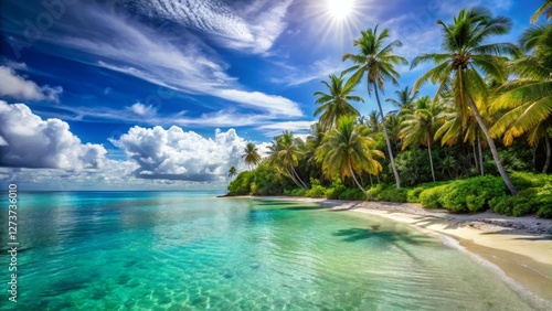 Tropical Paradise with Palm Trees and Crystal Clear Water Scene