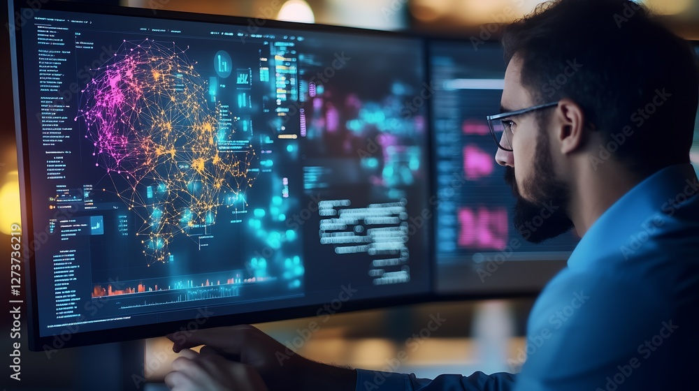 Network analyst observing digital data flow visualizations showcasing global connectivity and graphs : Generative AI
