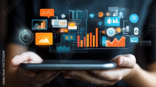 Hands Holding Tablet Featuring Data Metrics and Interactive Graphics : Generative AI