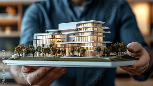 Obraz na płótnie Architectural Model with Highlights of Light and Modern Design Presented in Professional Setting with View of Greenery : Generative AI w salonie