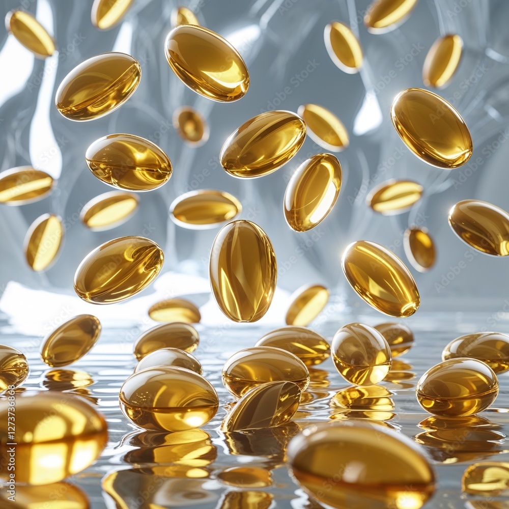 : A myriad of translucent, golden softgel capsules drift against a soft grey backdrop, suggesting the potential health benefits of supplements like fish oil, readily available in Bhakkar. : A myriad of translucent, golden softgel capsules drift against a soft grey backdrop, suggesting the potential health benefits of supplements like fish oil, readily available in Bhakkar.